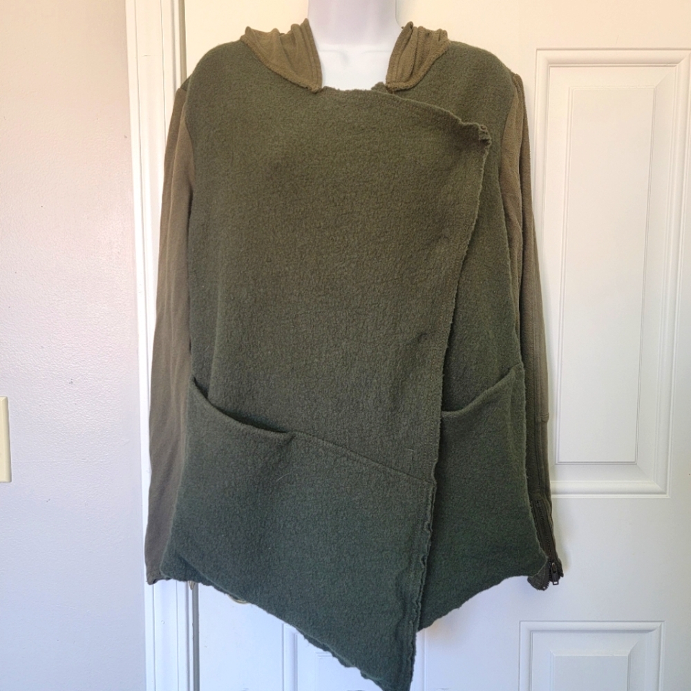 Free People Drippy Cross Front Wool Blend Hooded Sweater Snap Green Size M